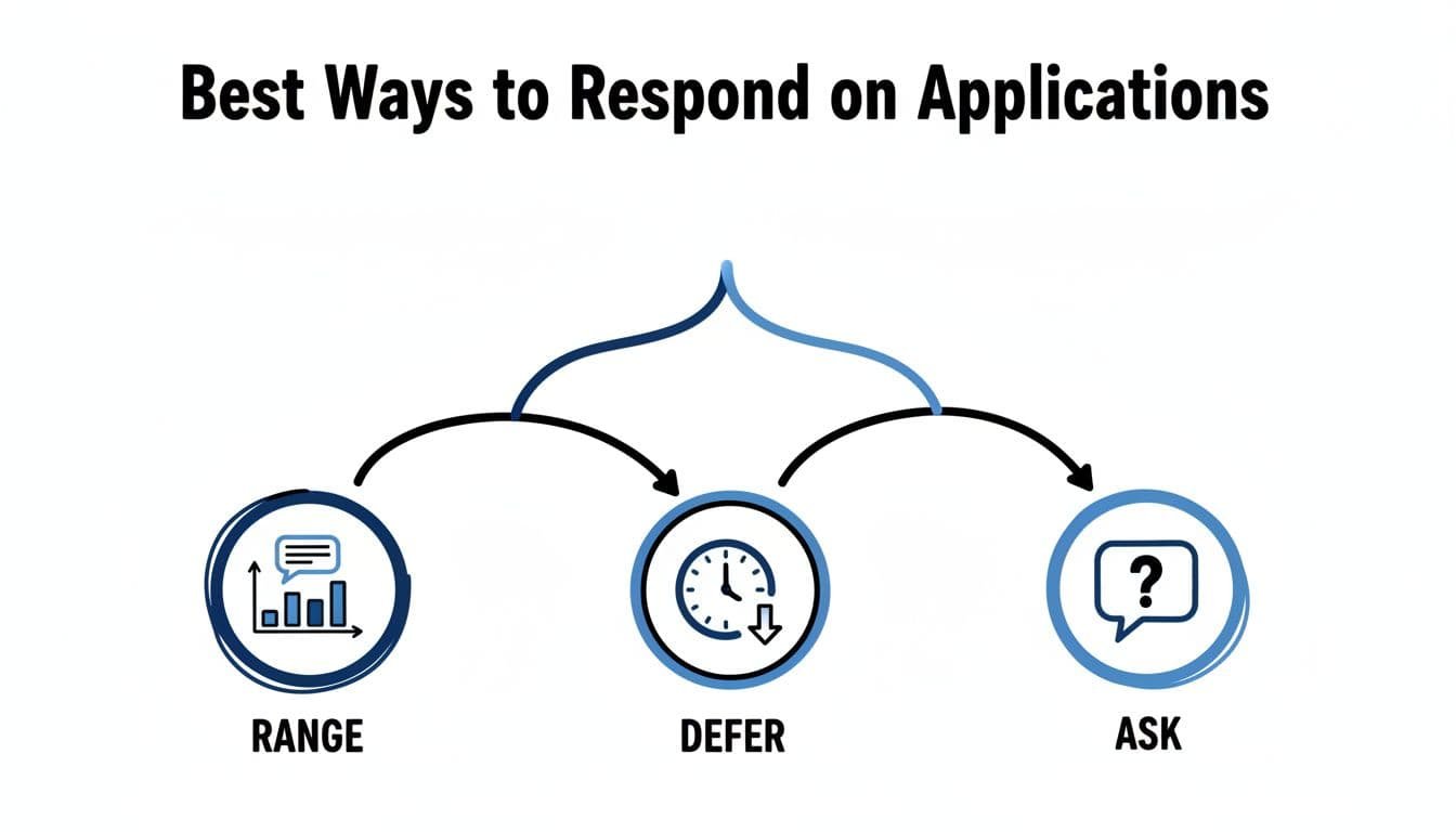 Hand-drawn black and blue infographic on white background for career blogs, presenting three options for answering salary expectations in job applications: provide researched range, defer to later, ask for their range. Simple decision tree with icons like range bar, speech bubble, and question mark, using short labels 'Range', 'Defer', 'Ask' for scannability.