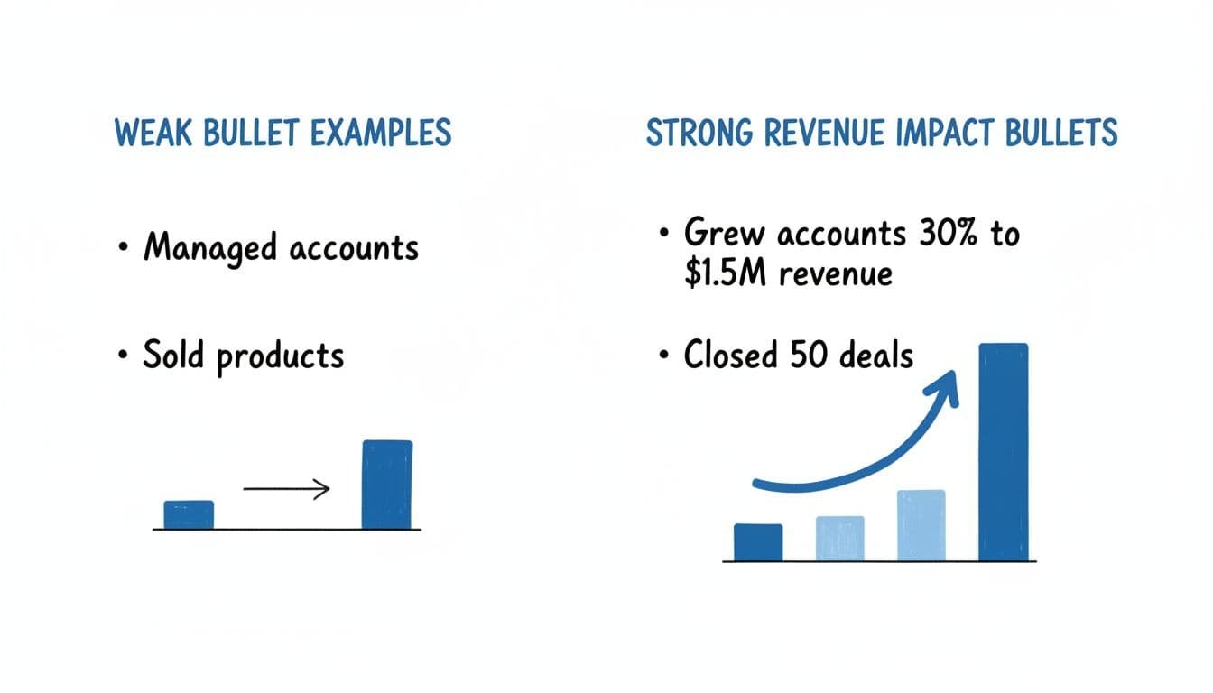 Hand-drawn infographic in blacks and blues comparing weak generic sales resume bullets to strong quantified revenue-impact versions, with side-by-side examples, bar charts, and improvement arrows.