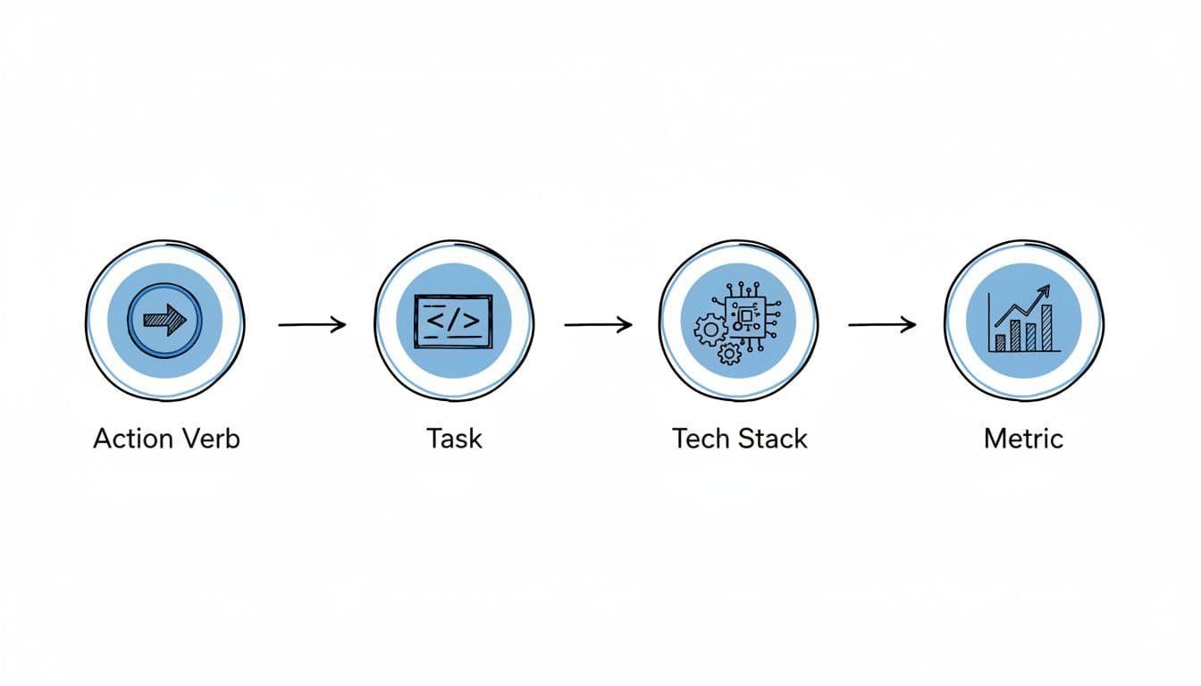 Hand-drawn infographic in blacks and blues on white background, showing four connected steps for crafting strong resume bullets: Action Verb (arrow icon), Task (code block), Tech Stack (gear icons), Metric (graph icon).