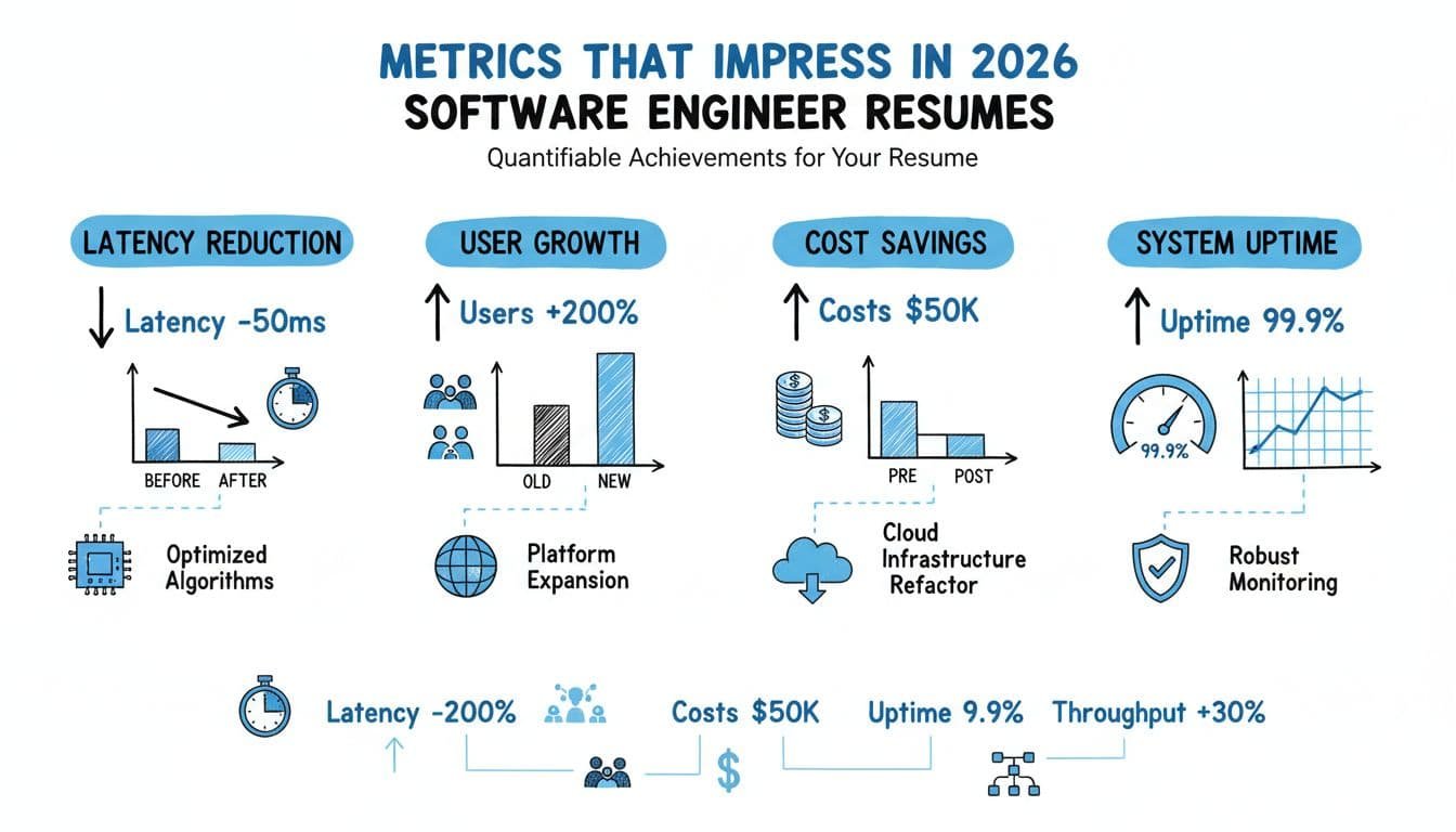 Hand-drawn infographic in blacks and blues on white background breaking down key metrics for software engineer resume bullets, featuring icons, simple bar graphs, and up arrows for latency reduction, 30% user growth, $50k cost savings, and 99.9% uptime.