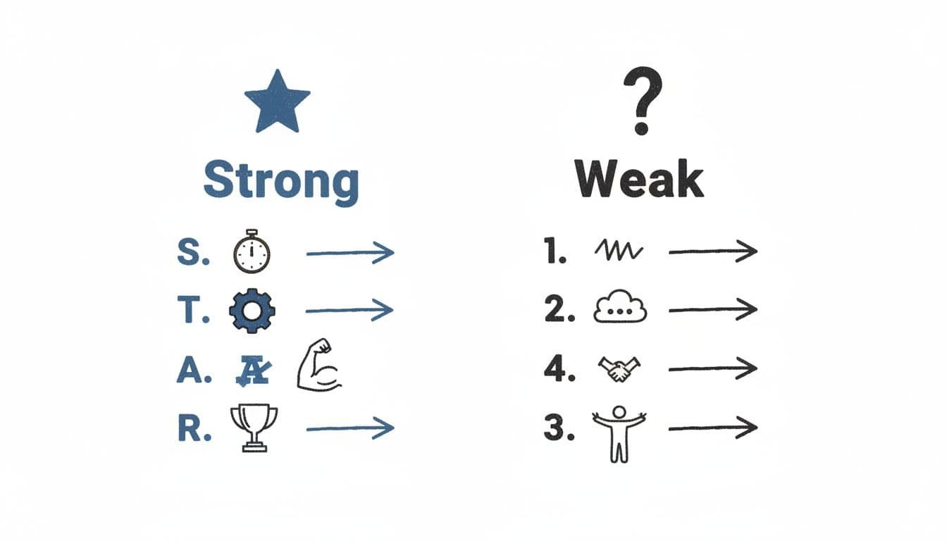 Hand-drawn infographic in black, blue, and white aesthetic comparing strong (STAR method icons) versus weak (vague responses) panel interview answer frameworks with two columns, simple bullets, high contrast minimal style.