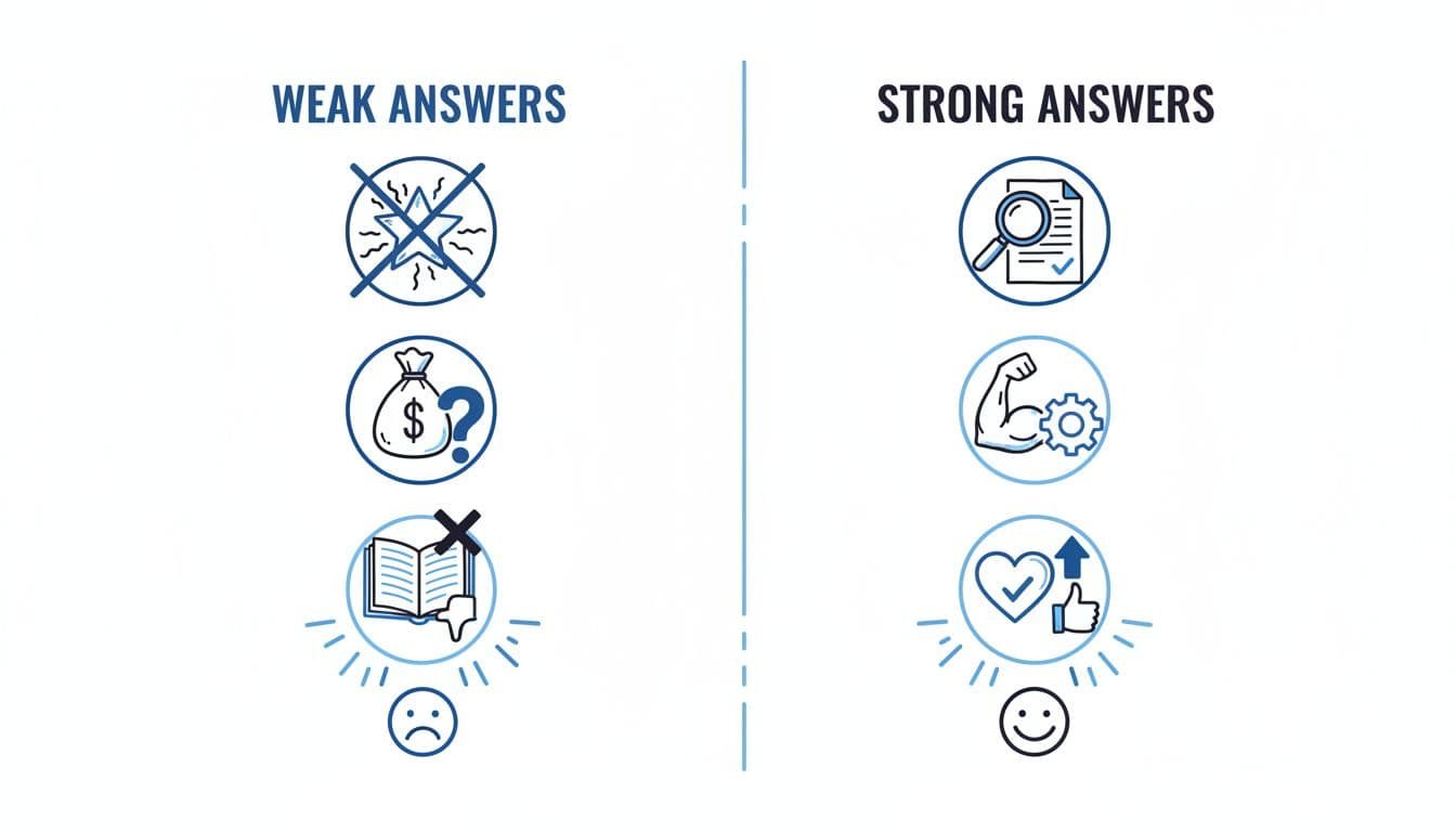 Hand-drawn minimalist infographic in blacks and blues on white background, comparing bad answers (thumbs down icons for generic praise, salary focus, no research) versus strong answers (thumbs up icons for specific research, skills match, values alignment, cultural fit) to the 'why do you want to work here' interview question.