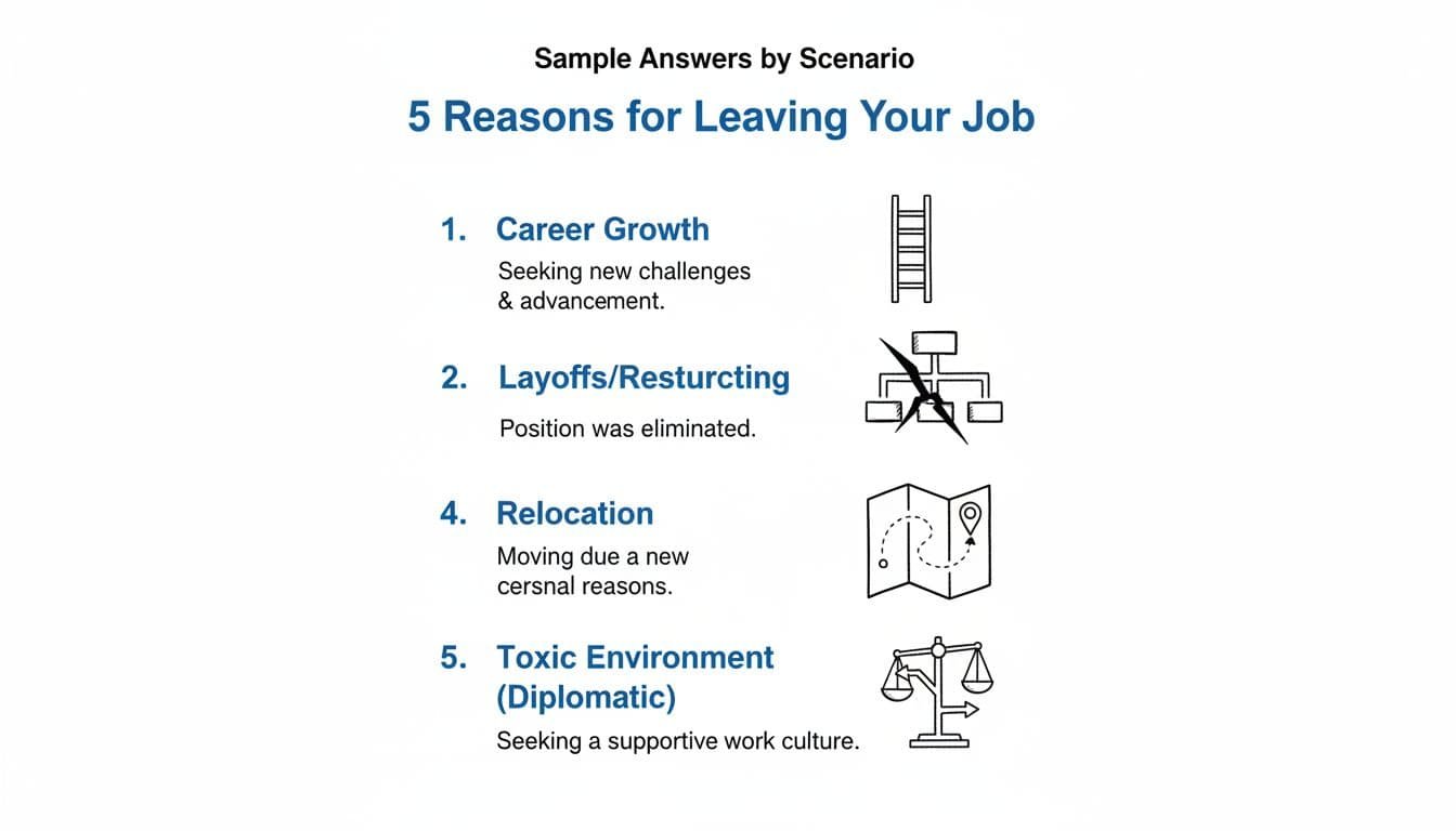 Hand-drawn black and blue linework infographic on white background showing 5 job-leaving scenarios with icons and key phrases: career growth, layoffs, relocation, career change, and toxic environment.