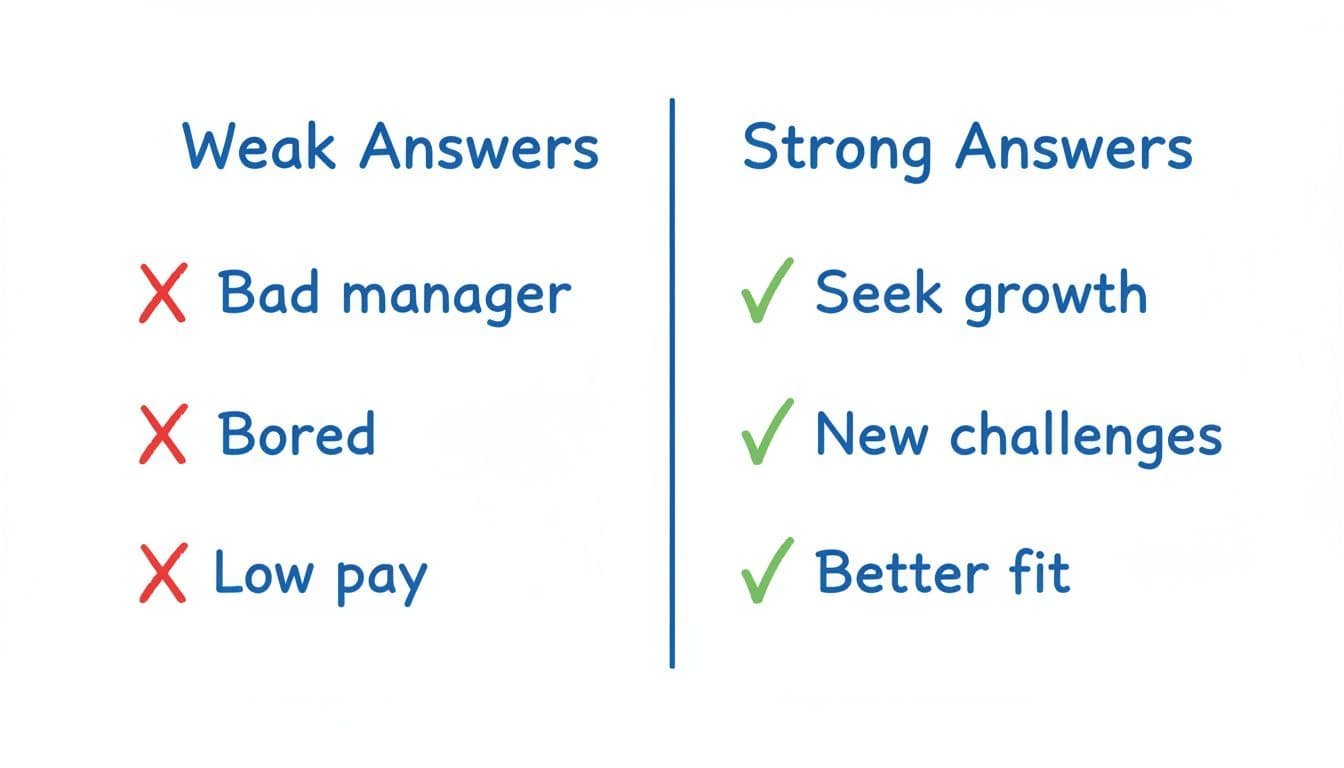 Hand-drawn infographic chart comparing weak answers like 'Bad manager' and 'Bored' with strong ones like 'Seek growth' and 'New challenges', using red X and green check icons on a clean white background.