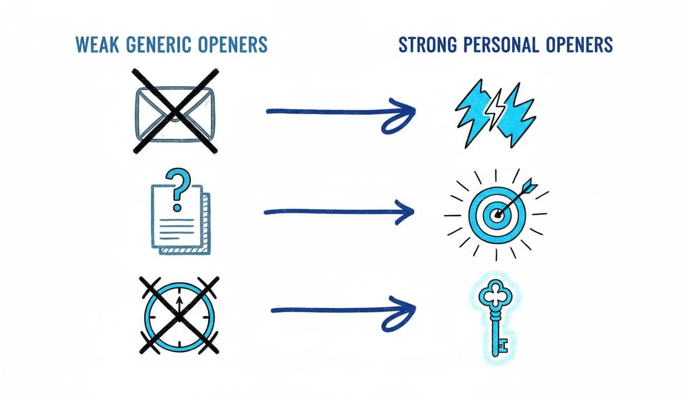 Hand-drawn side-by-side comparison chart in blacks and blues on white background, showing weak generic openers with dull icons versus strong personal openers with vibrant icons and improvement arrows.
