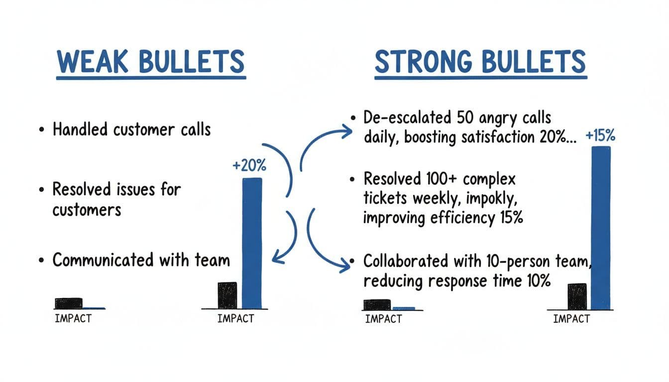 Hand-drawn editorial infographic in blacks and blues on white background, comparing weak generic customer service resume bullets to strong quantified versions side-by-side, with arrows and bar charts showing impact.