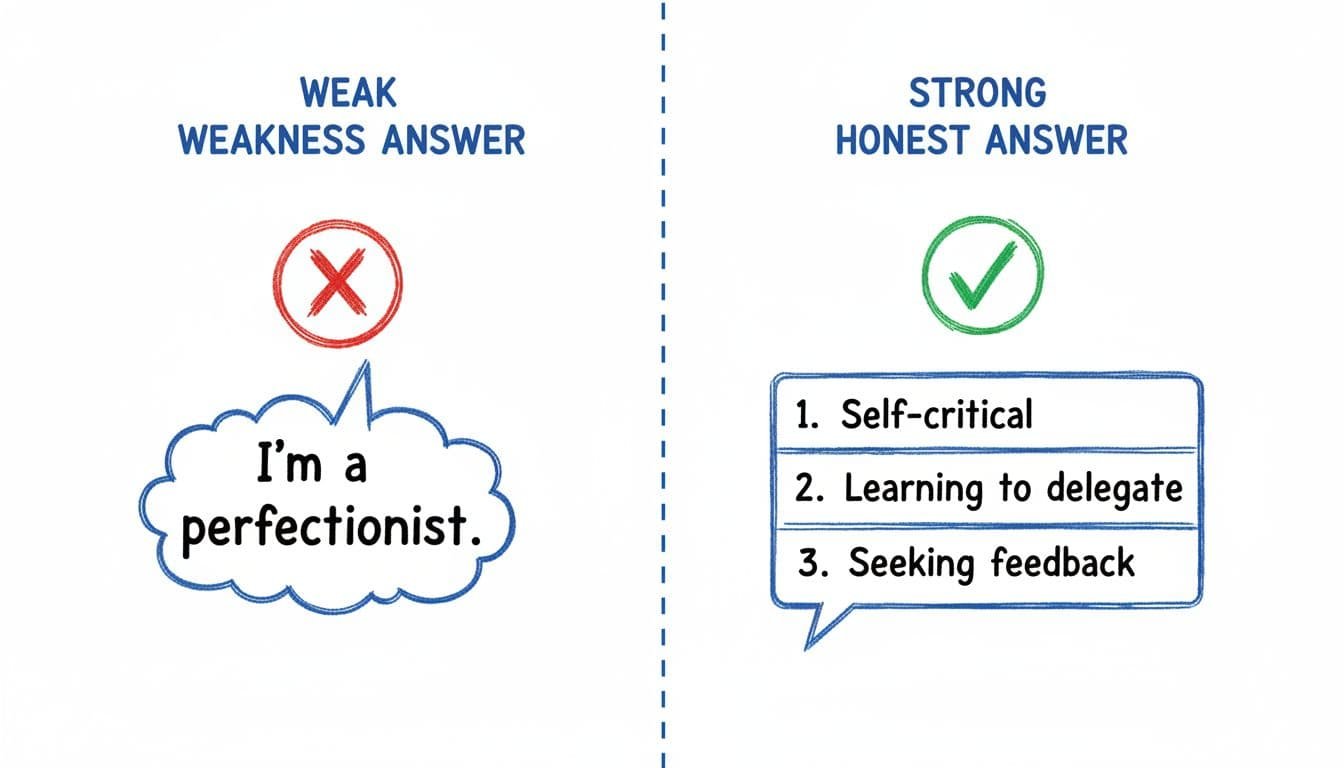 Hand-drawn side-by-side comparison infographic in blacks and blues on white background: left shows weak weakness answer with red X icon and generic text bubble like 'I'm a perfectionist'; right shows strong honest answer with green check icon and structured text bubble. Clean split layout with simple icons for career advice.