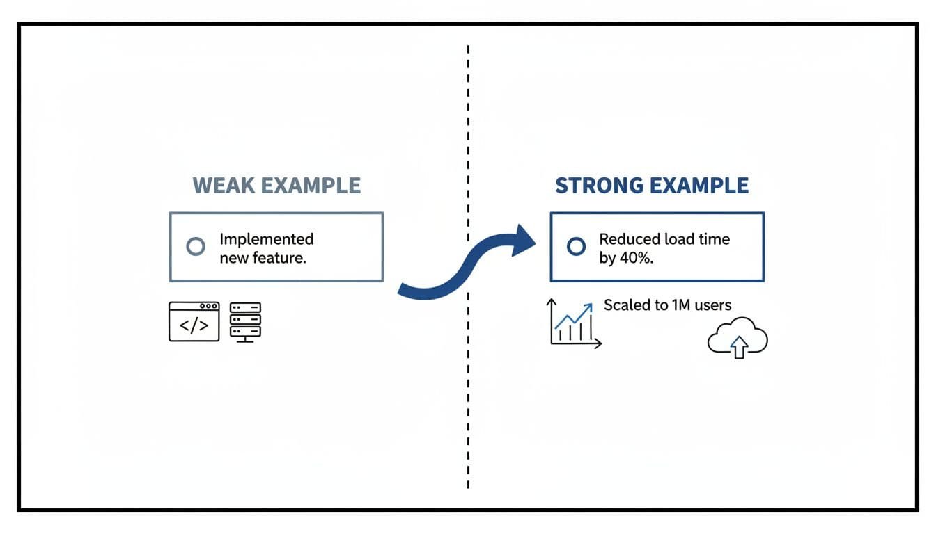 Hand-drawn infographic in blacks and blues on white background showing side-by-side comparison of a weak software engineer resume bullet without metrics versus a strong one with quantifiable achievements like 40% load time reduction or scaling to 1M users, using simple icons and arrows.