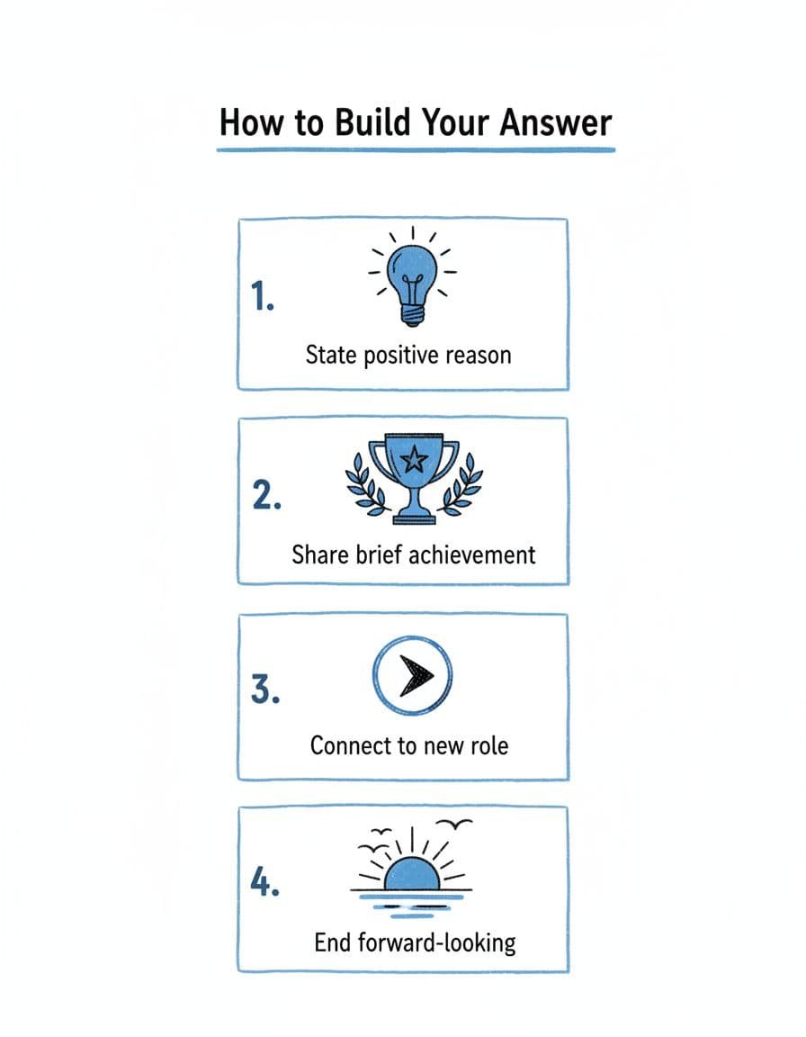 Hand-drawn black and blue linework infographic on white background showing four-step process for crafting professional 'why are you leaving your job' interview answer with icons: lightbulb, trophy, arrow, horizon.