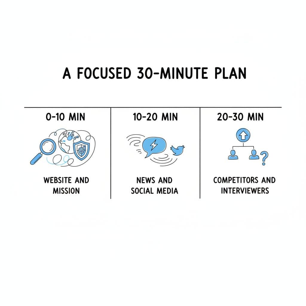 A three-part hand-drawn infographic illustrating a thirty-minute research process divided into ten-minute time blocks.