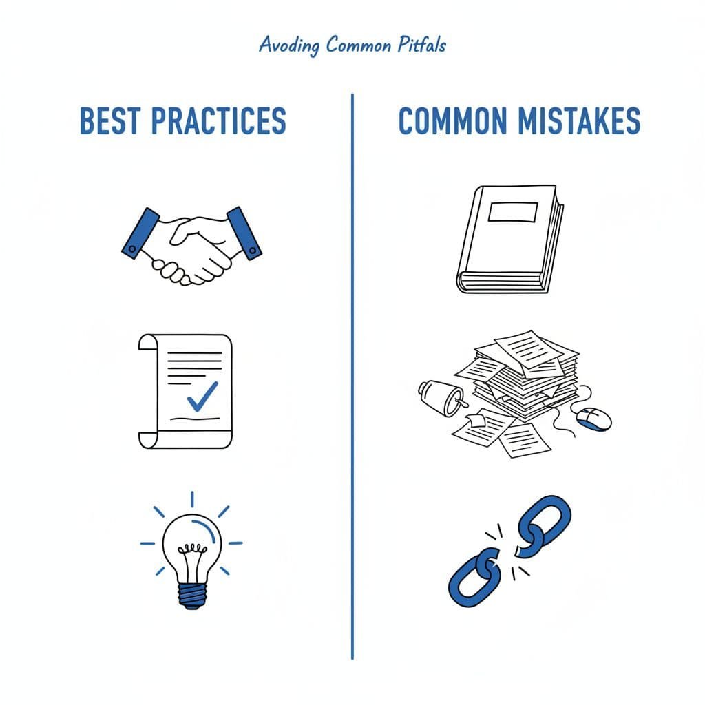A split-screen illustration contrasting icons for professional best practices against common workplace mistakes.