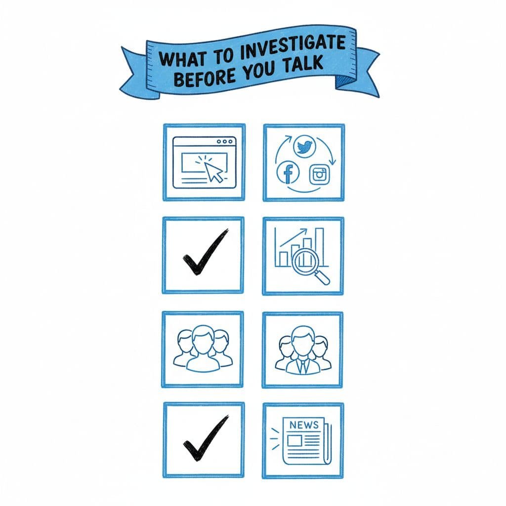 A set of hand-drawn icons illustrating key business investigation areas on a clean white background.