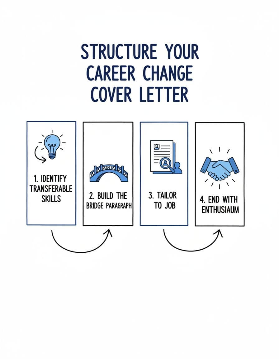 Hand-drawn black and blue infographic on white background with four vertical steps: lightbulb, bridge, job document, handshake icons connected by arrows.