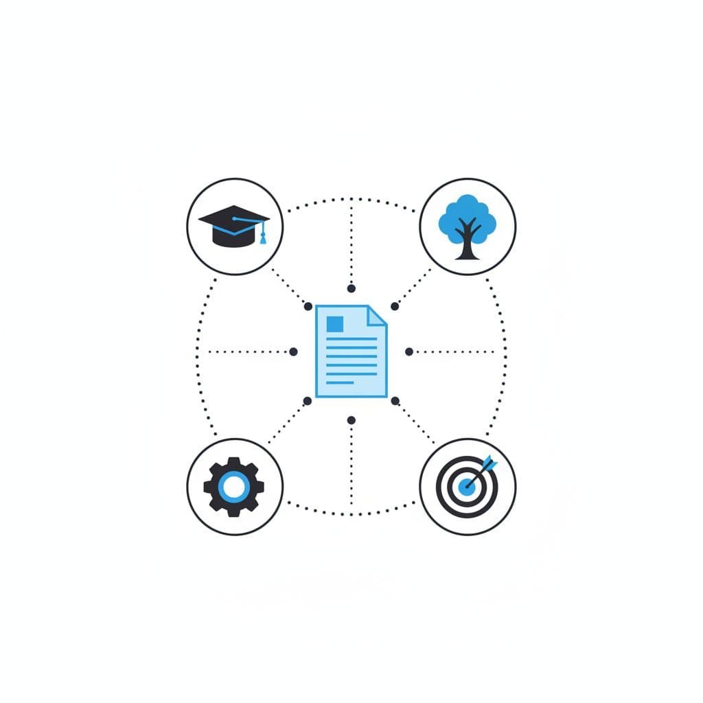 A document page surrounded by icons representing education, volunteering, technical projects, and personal goals.