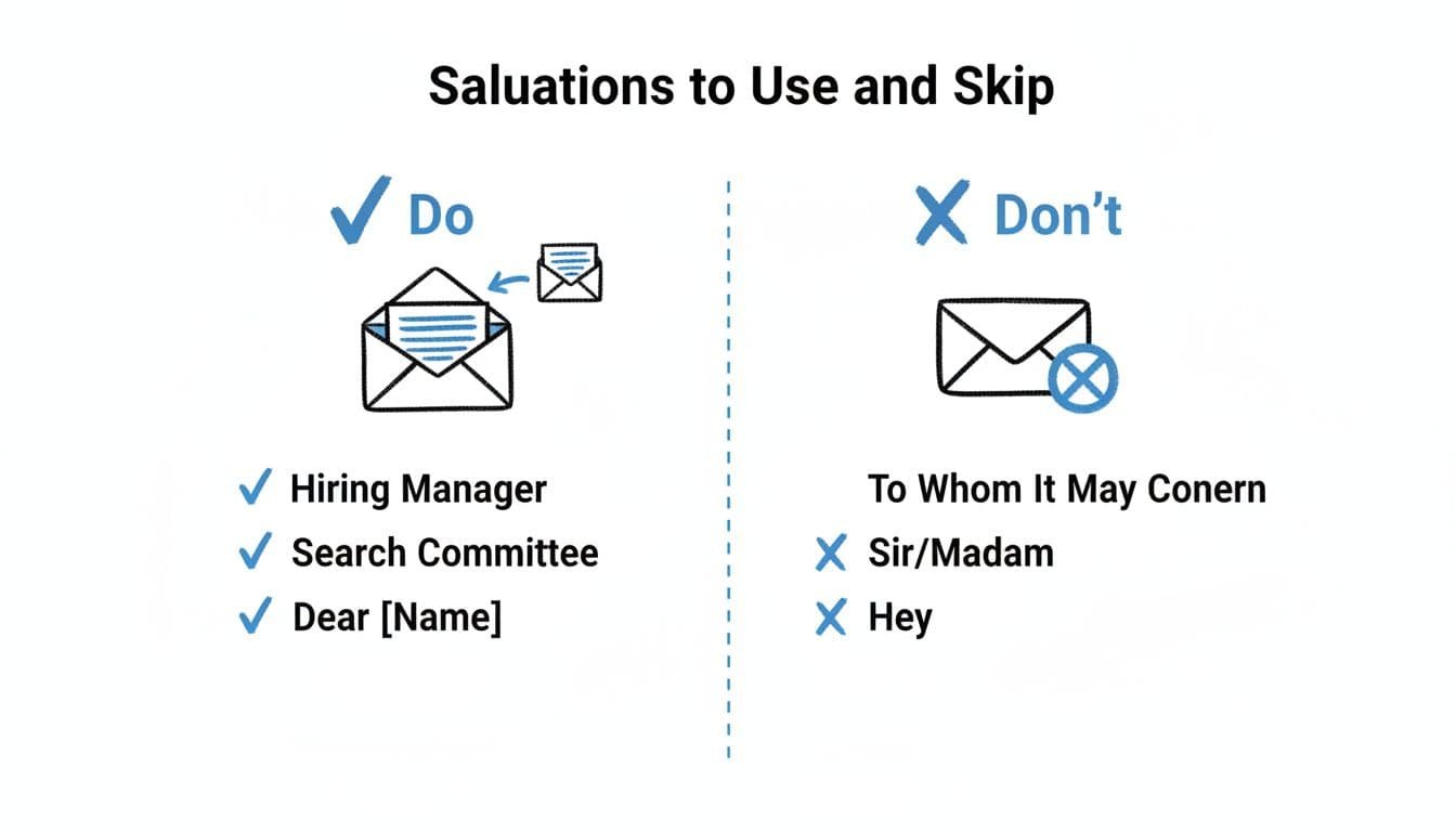 Hand-drawn infographic on white background with left side good salutations like 'Hiring Manager' marked by checkmarks and right side bad ones like 'To Whom It May Concern' with X's, plus letter icons.