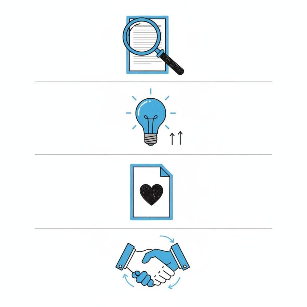 A minimalist infographic showing four sequential icons representing the process of writing a professional cover letter.