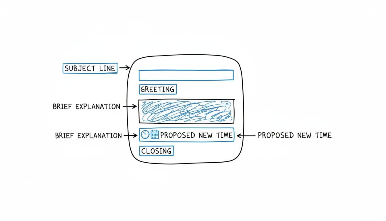 A minimalist hand-drawn diagram illustrates the structural parts of a professional reschedule request email.