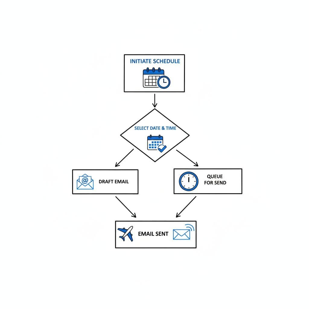 Hand-drawn flowchart with calendar and email icons in black and blue on white background.