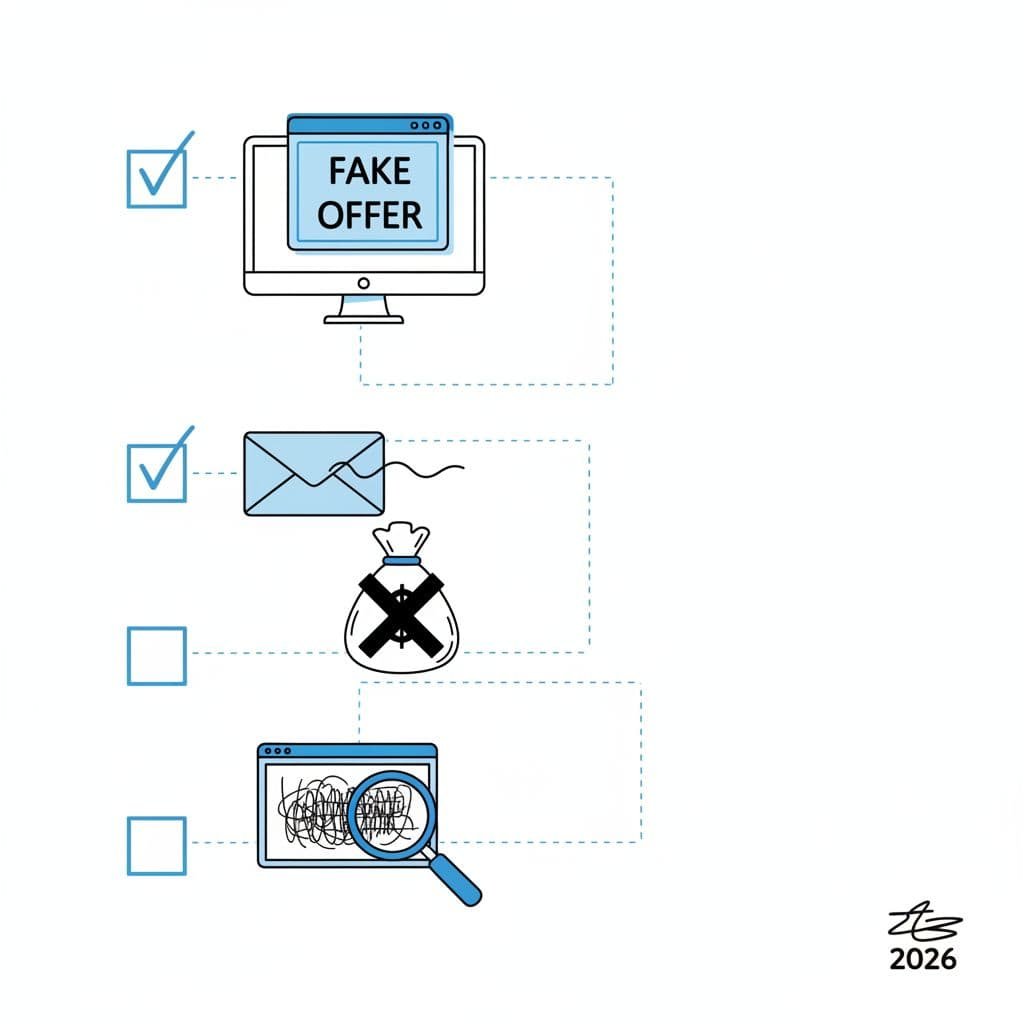 Hand-drawn infographic checklist shows monitor with scam popup, email icon, crossed money bag, and magnifying glass on fake website.