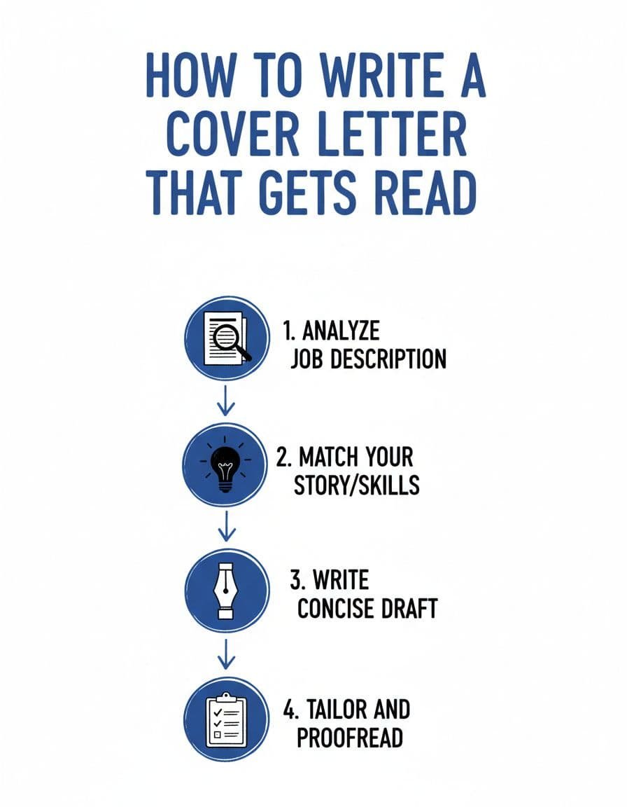 Vertical infographic in blacks and blues on white shows four steps with icons: magnifying glass, lightbulb, pen, and checklist connected by arrows.