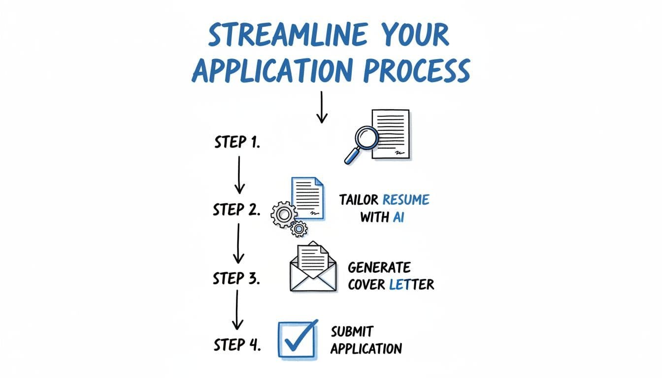 Black and blue line art infographic on white background shows vertical 4-step process with icons for job analysis, resume tailoring, cover letter, and submission, connected by arrows.
