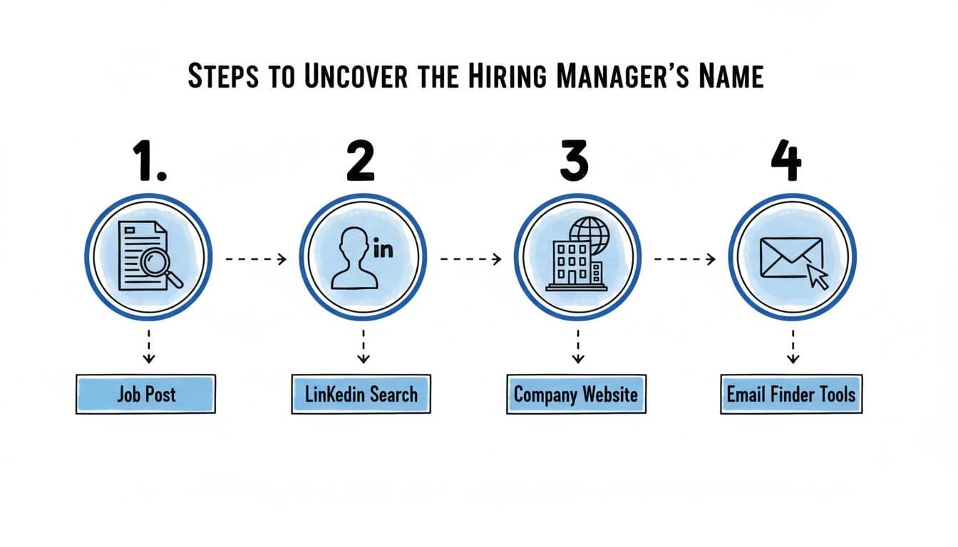 Hand-drawn black and blue infographic on white background with four numbered steps and icons for job post, LinkedIn, website, and email finder.