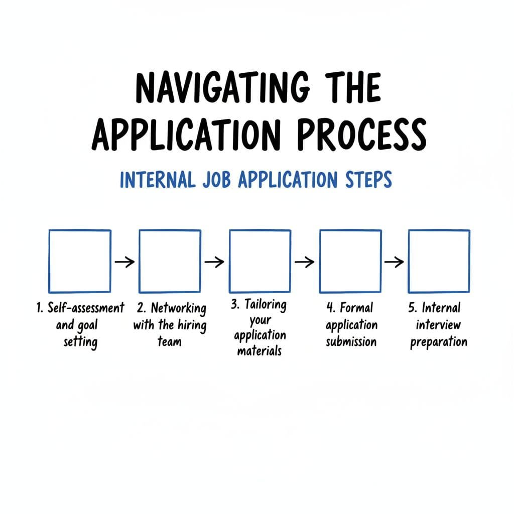 A minimalist black and blue ink flowchart illustrates five sequential steps for an internal career move.