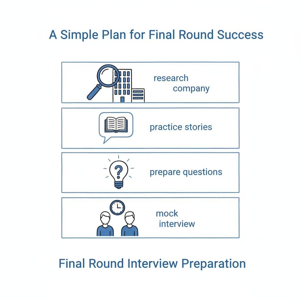 A clean four-step minimalist illustration features blue and black lines on a white background. It depicts the logical flow of preparation phases from initial research through final mock interview sessions.