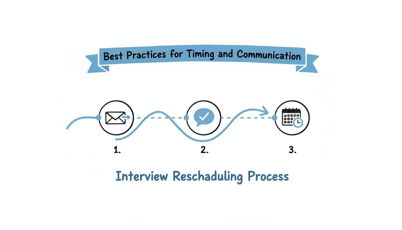 A minimalist three-step hand-drawn timeline illustrates the professional process for rescheduling an interview.