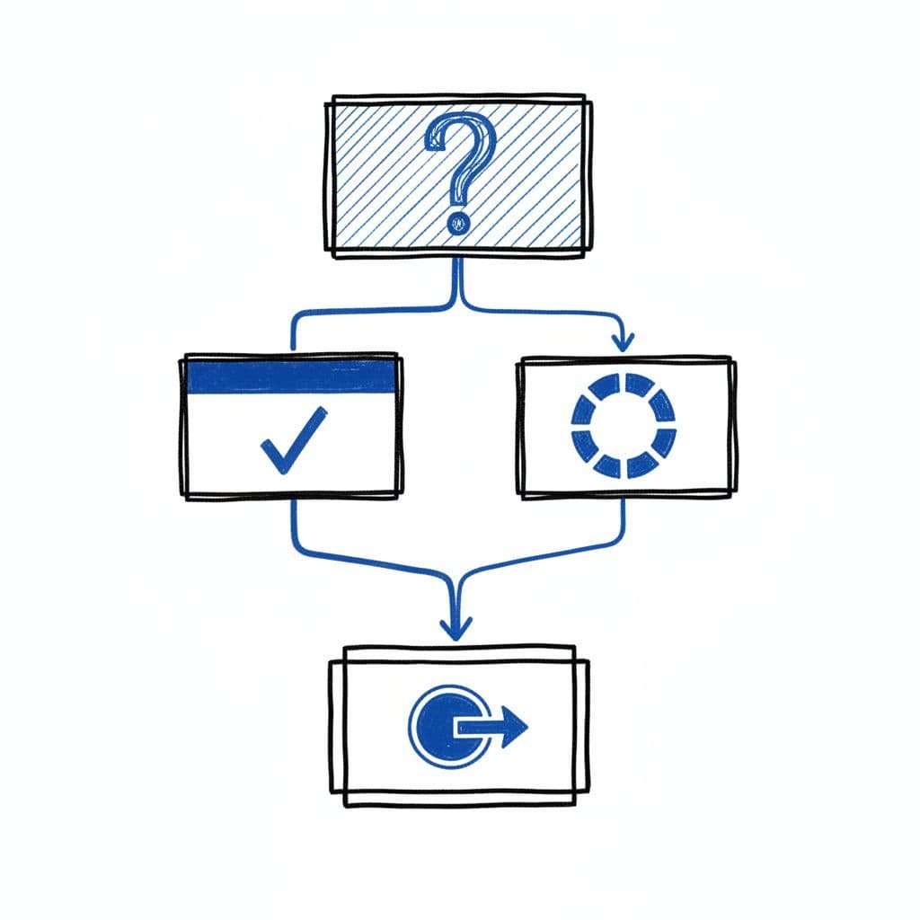 A line-art flow chart illustrating two decision paths converging on an application target.