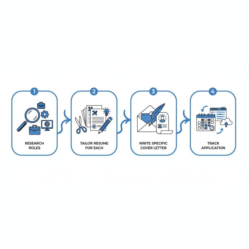 A four-step linear infographic with hand-drawn black and blue icons illustrating job application strategies.