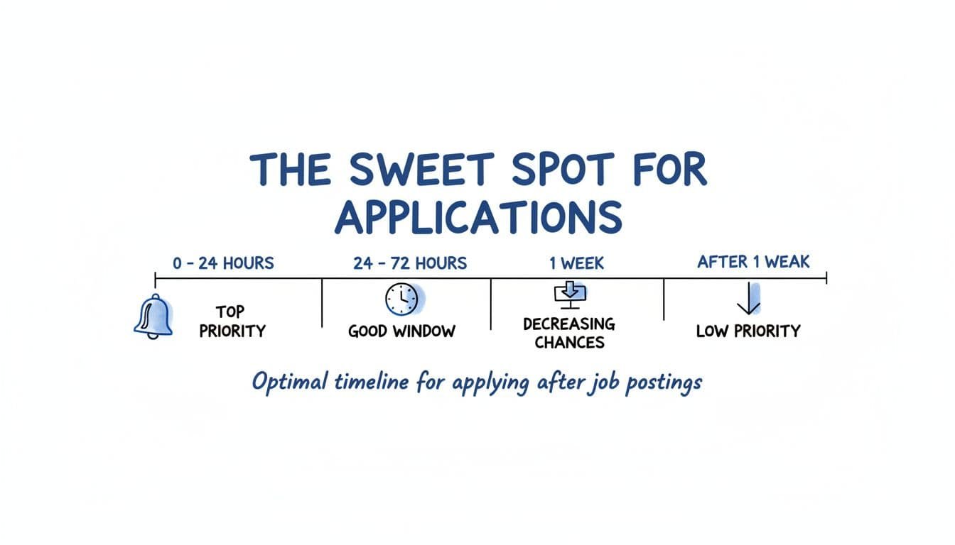 Horizontal line art timeline in black and blue on white background marks job application windows from 0-24 hours to after one week with bell, clock, submit, and arrow icons.