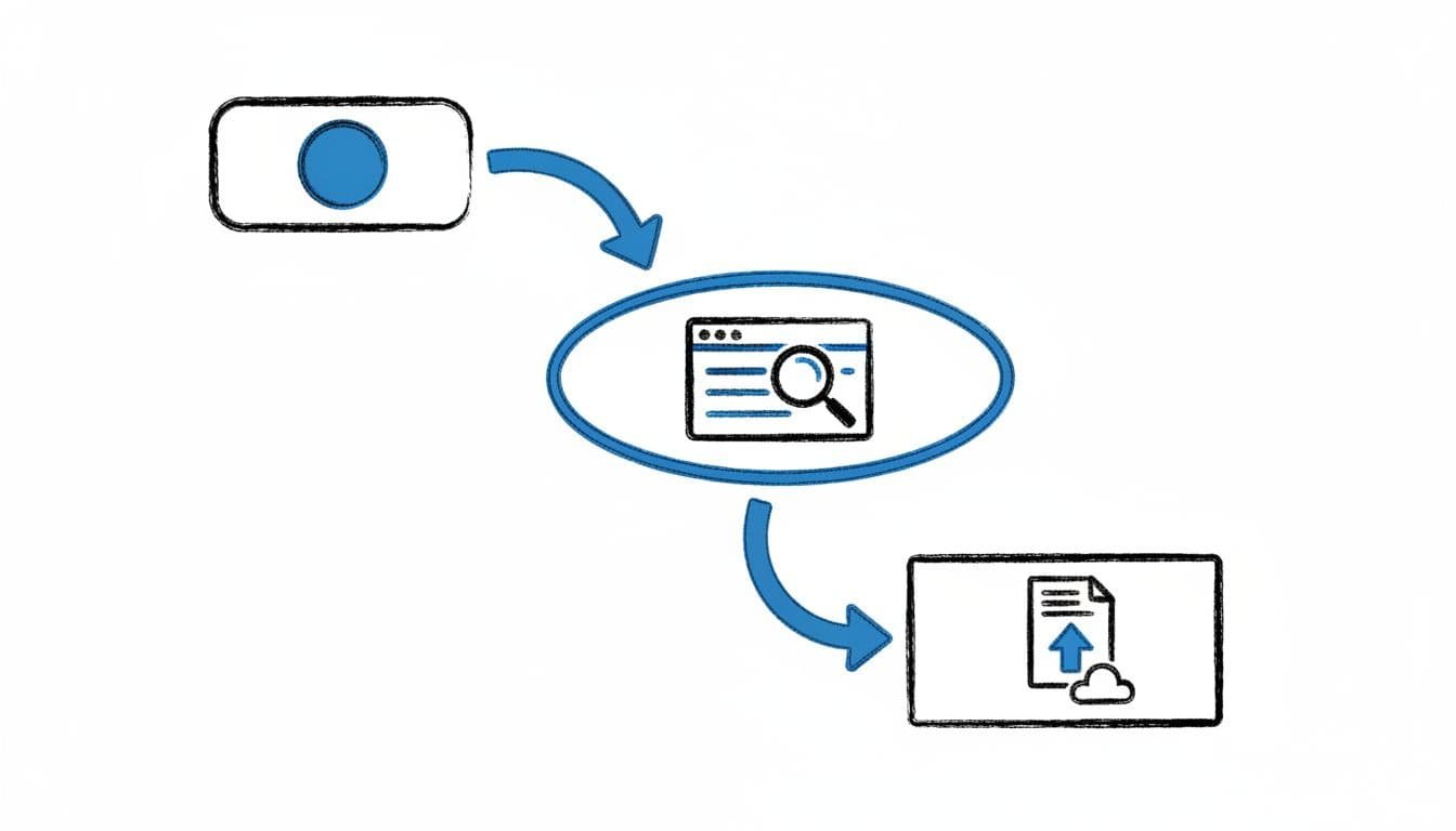 An abstract hand-drawn flowchart illustrates a three-step professional job application process using blue and black arrows.
