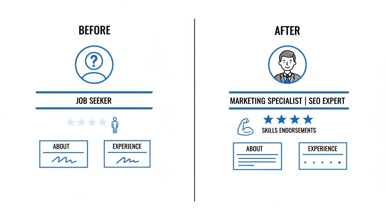 Side-by-side panels compare generic LinkedIn profile with bland headline and few endorsements to optimized one with professional headshot, keyword headline, and endorsements.