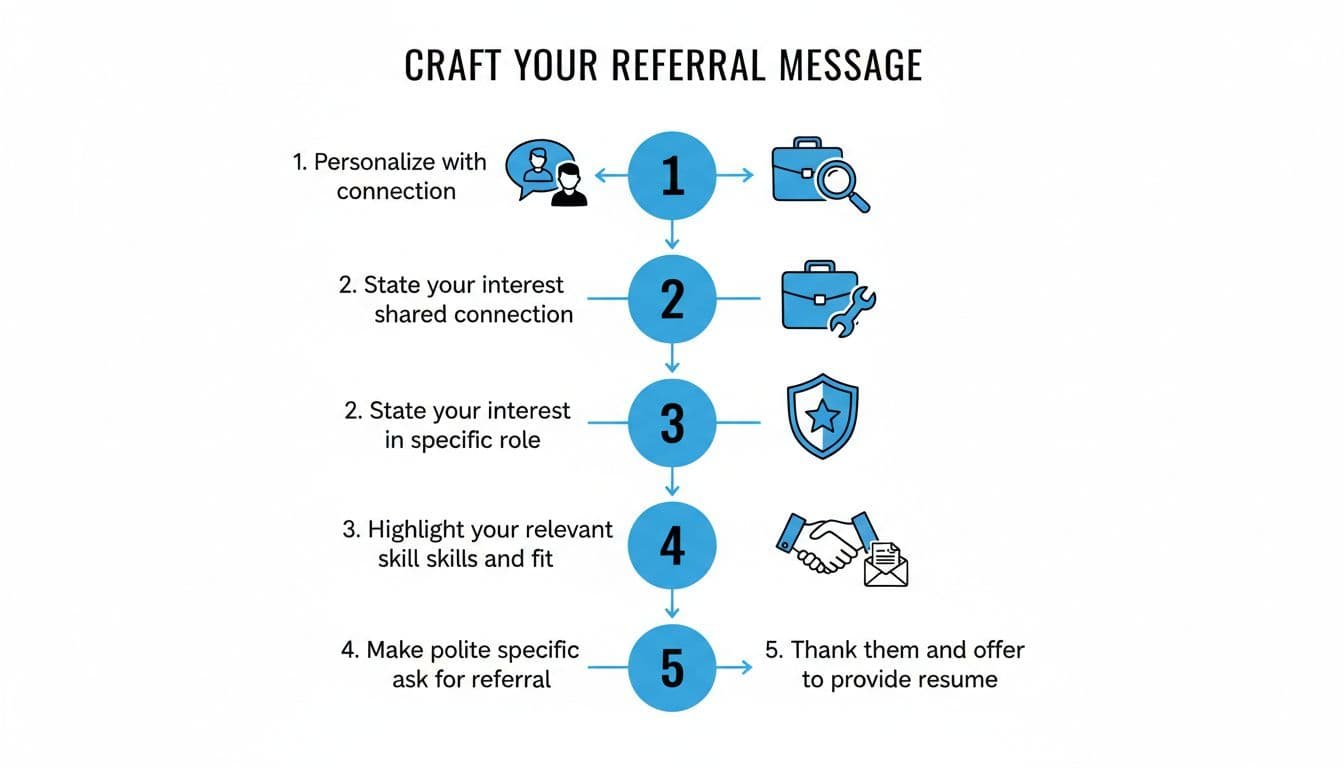 Hand-drawn black and blue linework flowchart on white background shows vertical 5-step process with numbered steps and professional icons.