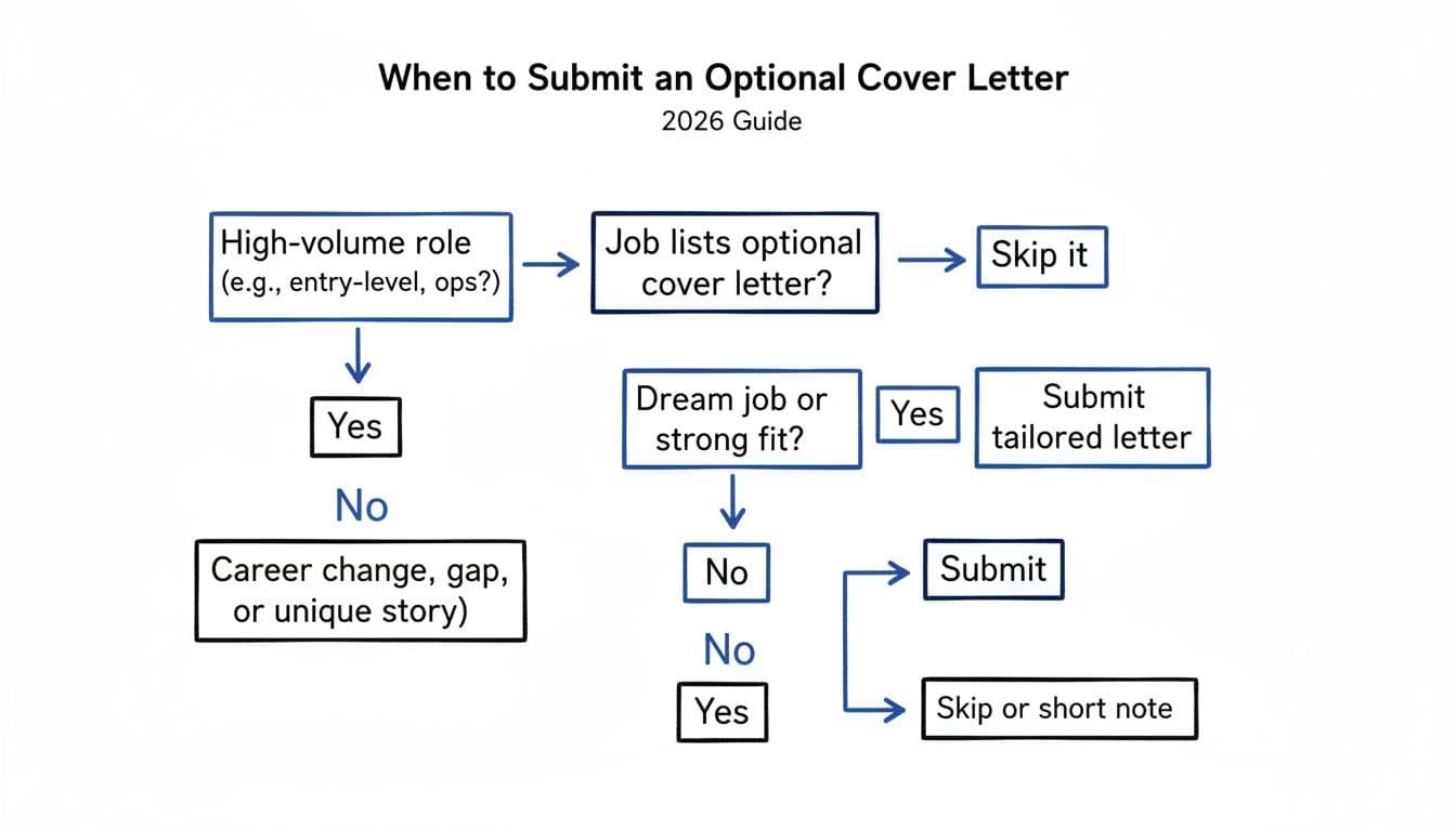 Black and blue decision tree infographic on white background guiding cover letter submission choices.