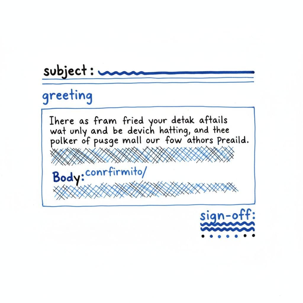 A clean hand-drawn style illustration displays the structured layout of a formal professional email.
