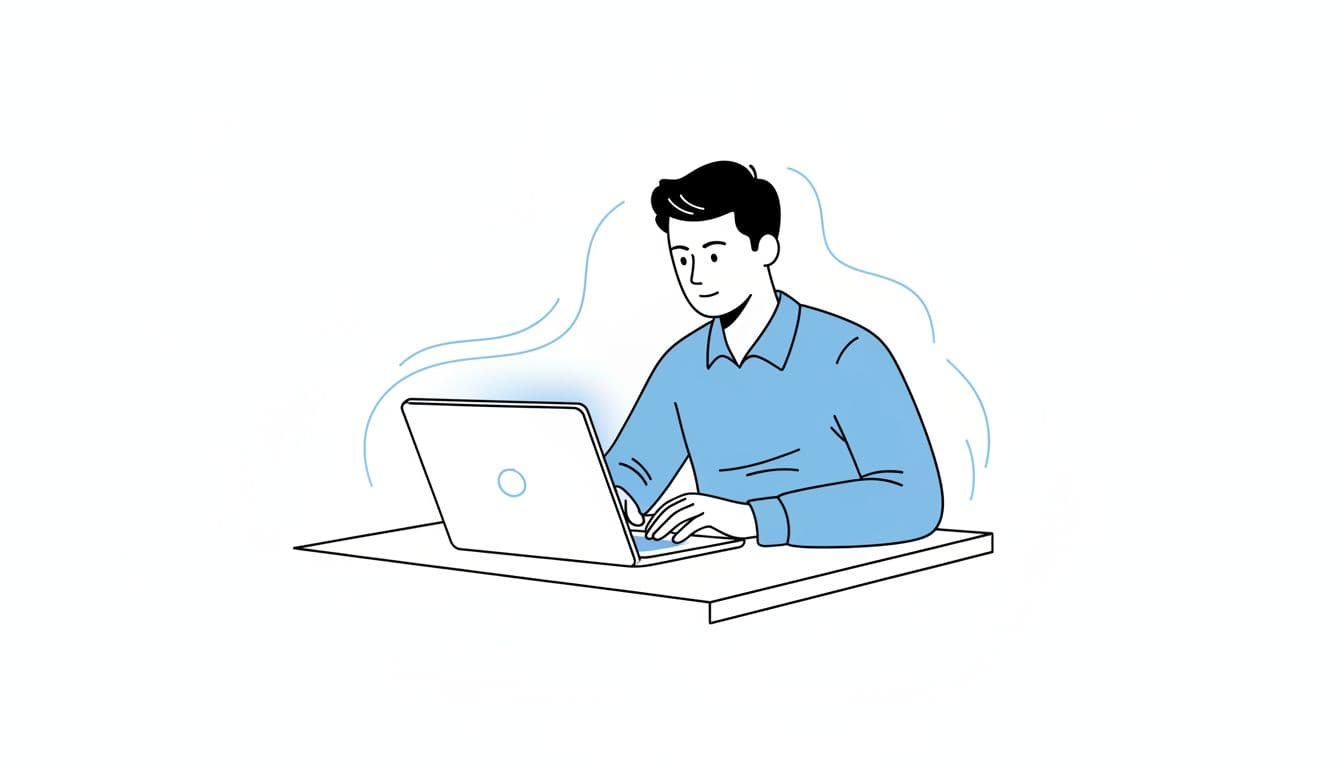 A focused individual sits at a clean desk with an open laptop, depicted through minimalist black and blue line art. The clean white background highlights the person's composed and attentive posture.