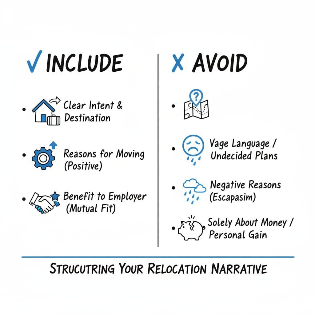 A hand-drawn comparison infographic features two columns detailing inclusion points and common pitfalls for relocation cover letters.