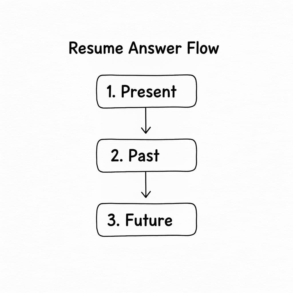 A vertical black and white flow chart illustrating a three-part narrative framework for resume responses.