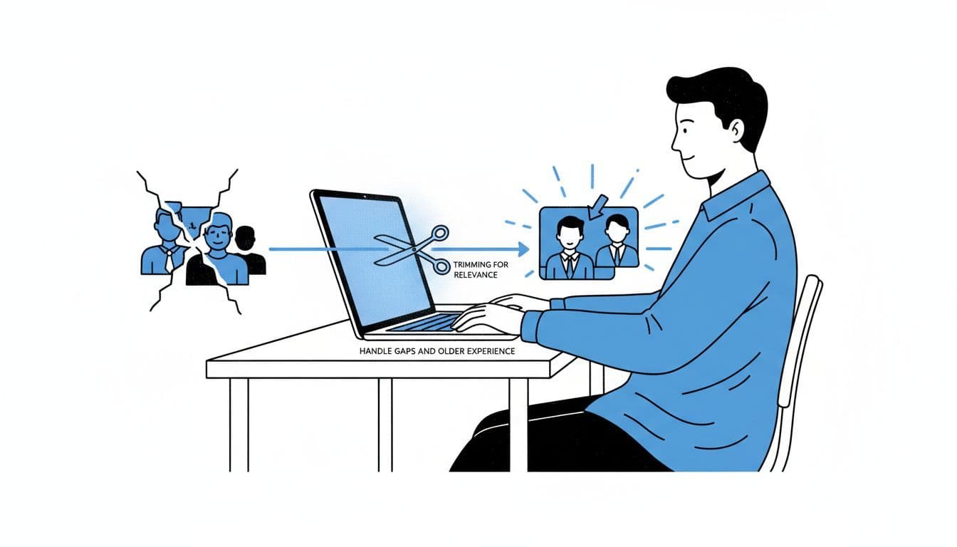 Person at laptop edits resume with timeline overlay cutting old jobs to focus recent achievements.
