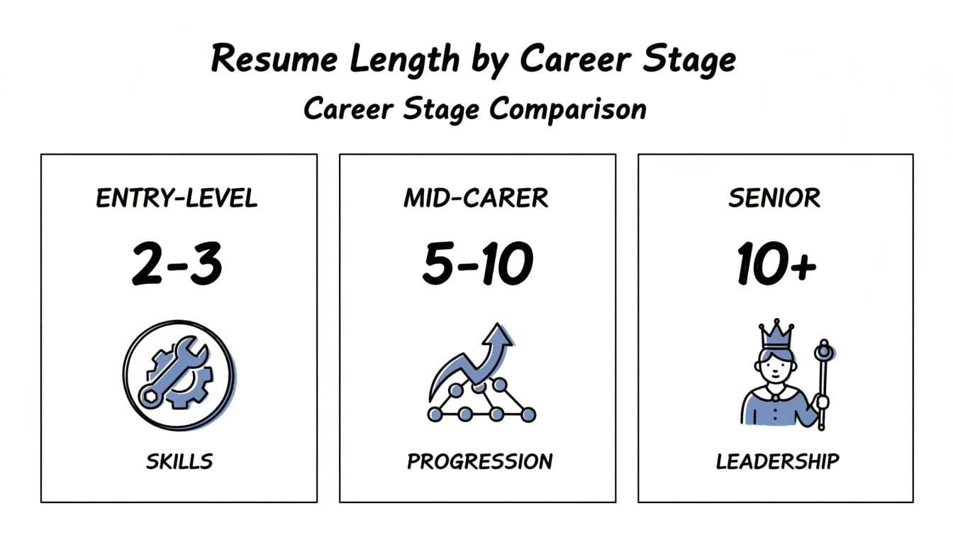 Three-column black-and-blue icon chart on white background comparing entry-level, mid-career, and senior resume strategies.