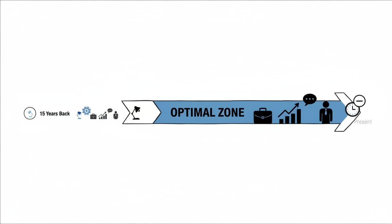Horizontal hand-drawn timeline arrow in blacks and blues on white background, job icons growing larger from faded past to present with 10-15 year optimal zone highlighted.