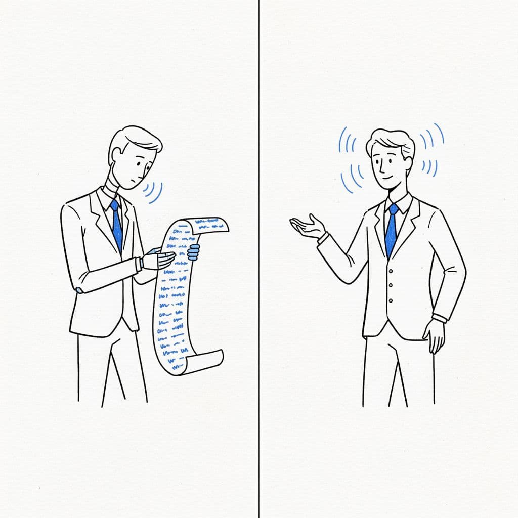 A split illustration shows a robotic figure reading a long scroll on the left, while a person on the right speaks with open, fluid hand gestures against a clean background.