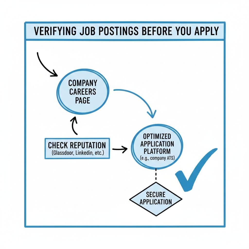 Hand-drawn black and blue flowchart on white background shows job search from company careers page to reputation check and optimized application.