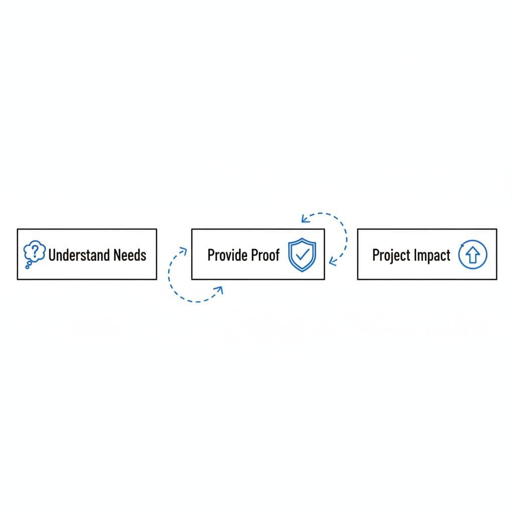 Hand-drawn infographic on white background with black and blue ink showing horizontal steps labeled Understand Needs, Provide Proof, and Project Impact.
