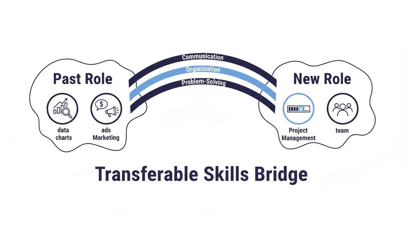Bridge labeled 'Transferable Skills Bridge' links 'Past Role' with marketing icons to 'New Role' with project management icons in black and blue on white.