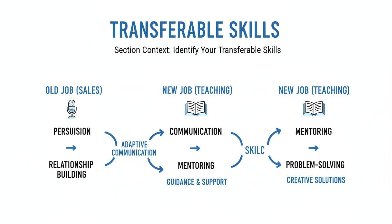 Hand-drawn blacks-and-blues chart on white background compares marketing experience to teaching skills with bridging arrows and icons.