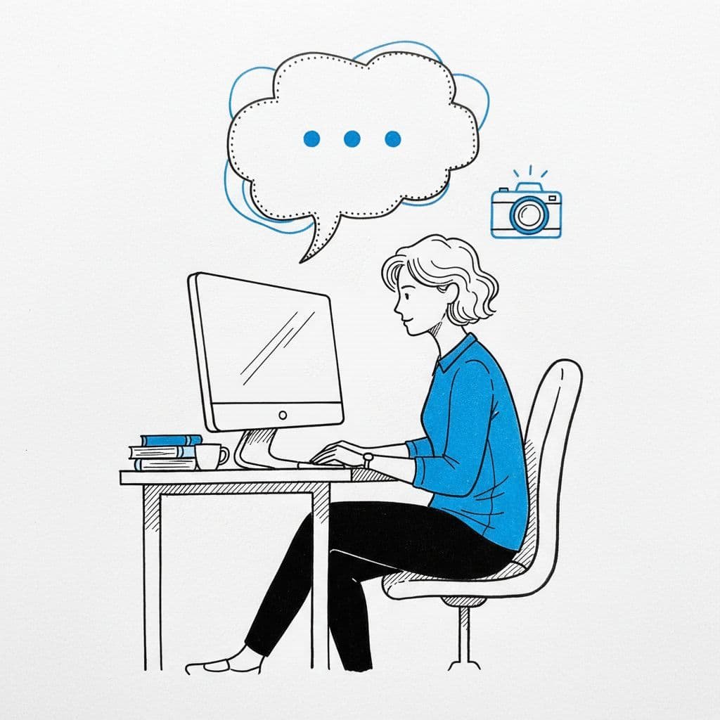 A black and blue ink illustration on white paper depicts a person sitting at a desk with a computer. A speech bubble features bullet points next to a small camera icon.