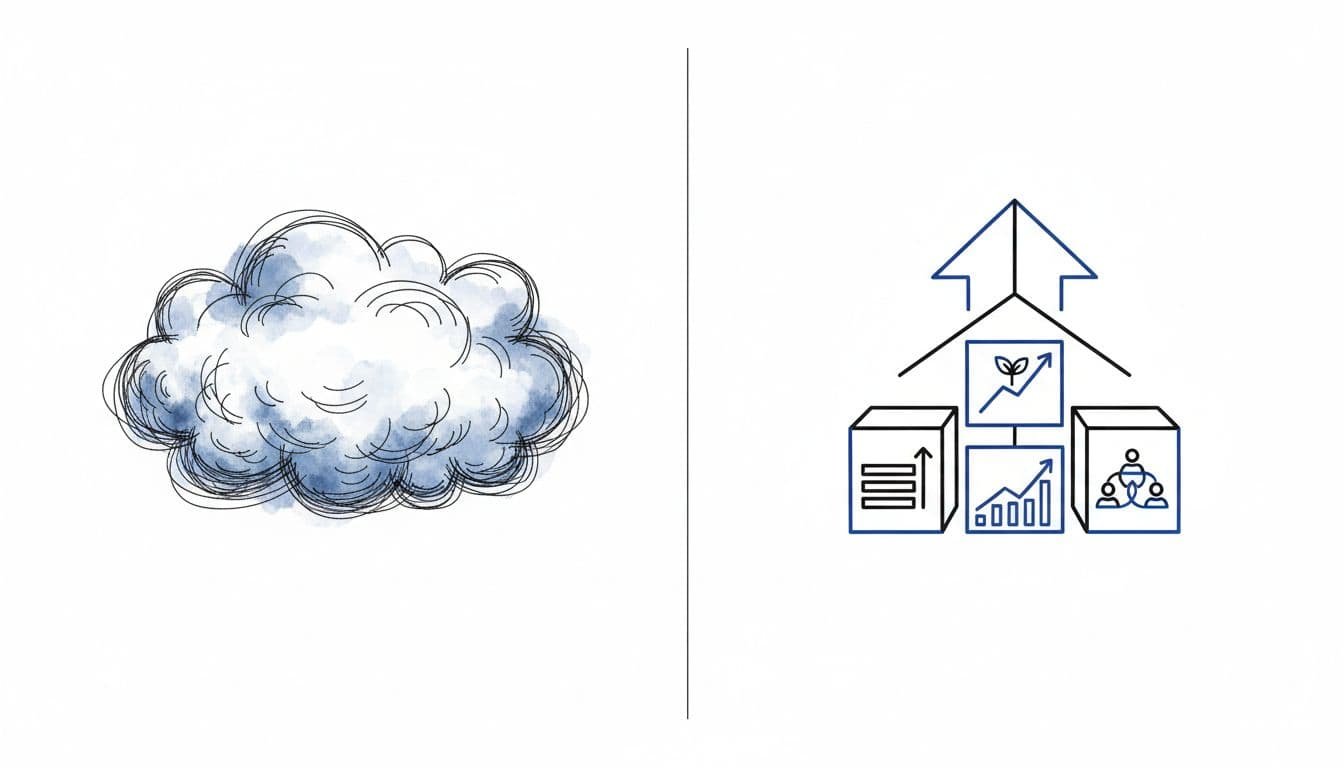 Split-screen hand-drawn illustration: vague cloud shapes on left, sturdy structure with data, growth, and teamwork icons on right.